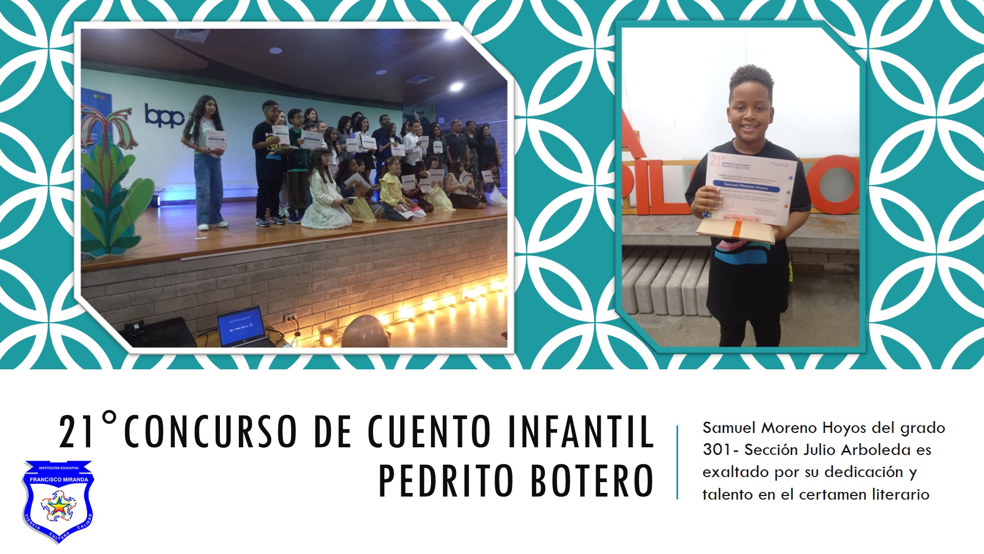 Samuel Moreno Hoyos del grado 301- Sección Julio Arboleda es exaltado por su dedicación y talento en el certamen literario